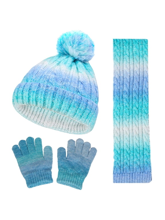 Hat Scarf and Gloves for Toddler Girls, Thermal Infinity Winter Three Pieces Kids Accessories Sets Blue Size 3-10 T