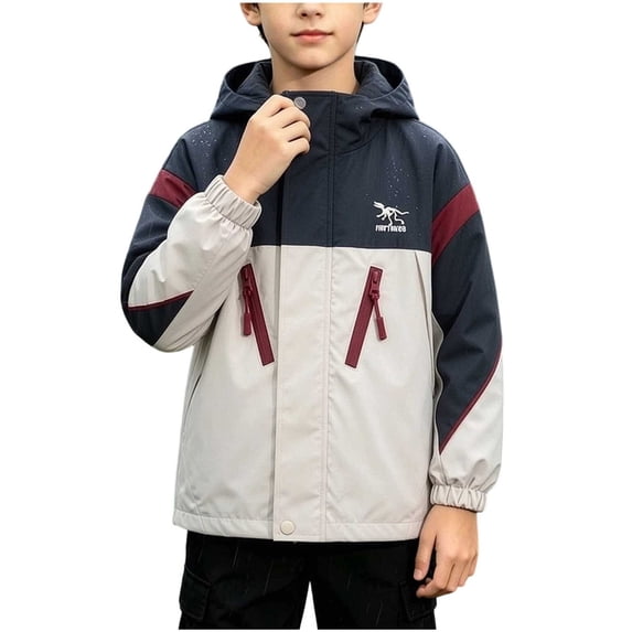 CYRBOKO Hooded Rain Jackets for Boys, Lightweight Color Block Long Sleeve Waterproof Outerwear with Zipper Pockets Wine Size 7-8 T