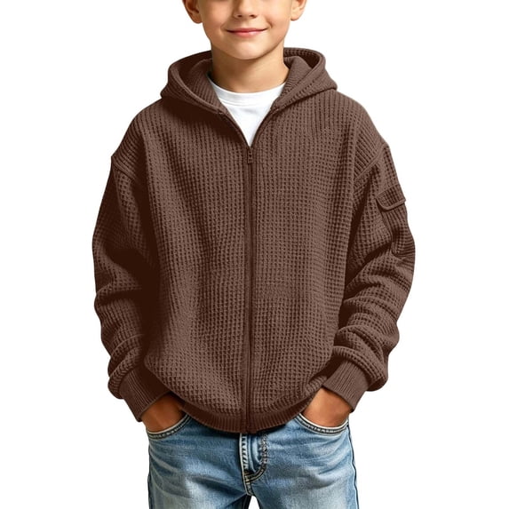 CYRBOKO Hooded Sweatshirts for Boys, Full Zip Casual Long Sleeve Waffle Knit Kids Outerwear Hoodie Brown Size 7-8 T