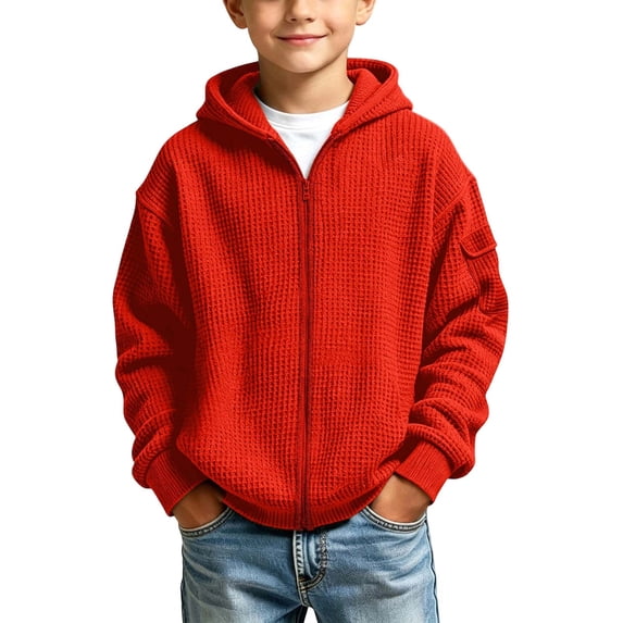 CYRBOKO Hooded Sweatshirts for Boys, Long Sleeve Casual Full Zip Waffle Knit Kids Outerwear Hoodie Red Size 13-14 T