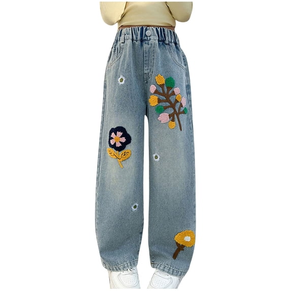 CYRBOKO Jeans for Toddler Girls, Loose Fit Comfy Wide-leg Floral Print Straight Leg Jeans Navy Size 13-14 T
