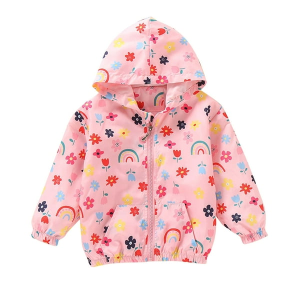 CYRBOKO Jeckets for Toddler Girls, Full Zip Windproof Floral Print Long Sleeve Hooded Outerwear Pink Size 4-5 T