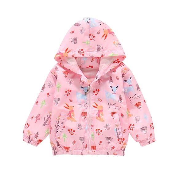 CYRBOKO Jeckets for Toddler Girls, Printed Zip up Long Sleeve Windproof Hooded Outerwear Pink Size 4-5 T