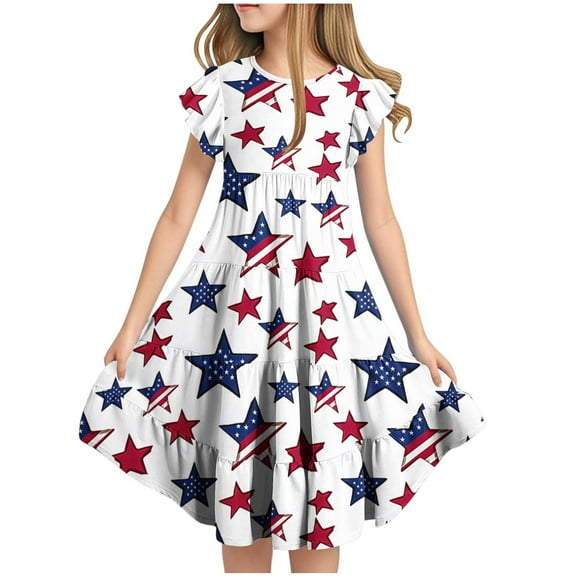 CYRBOKO July 4th Dresses for Girls, Crewneck 2025 Flutter Sleeve A-line Summer Dresses White Size 10-12T
