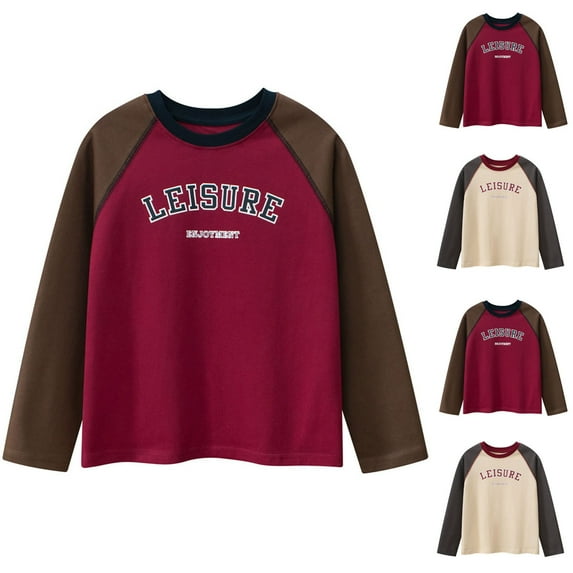 CYRBOKO Long Sleeve Tops for Boys, Loose Breathable Crew Neck Cotton Fall Pullover Wine Size 5-15 T