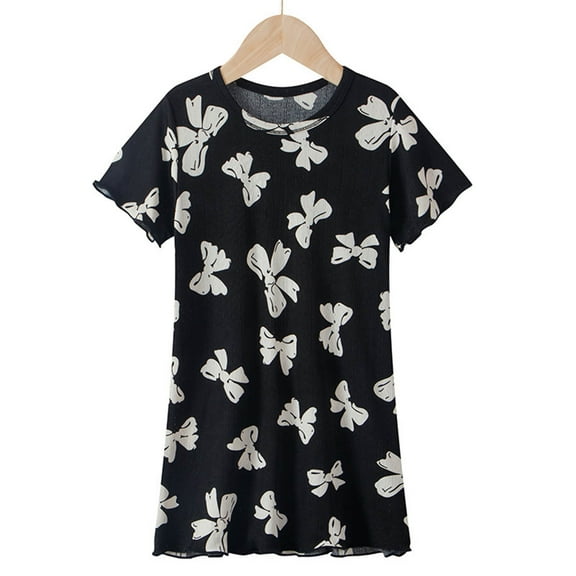 CYRBOKO Nightgowns for Girls, Printed Short Sleeve Soft Lightweight Girls Pajamas Black Size 14-16 T