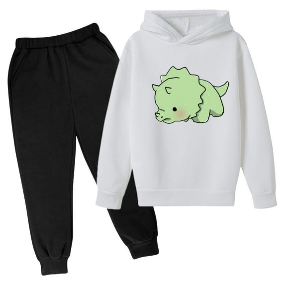 CYRBOKO Outfit Sets for Boys, Casual Dinosaurs Printed Elastic Waist Long Sleeve Hoodies with Joggers White Size 11-12 T