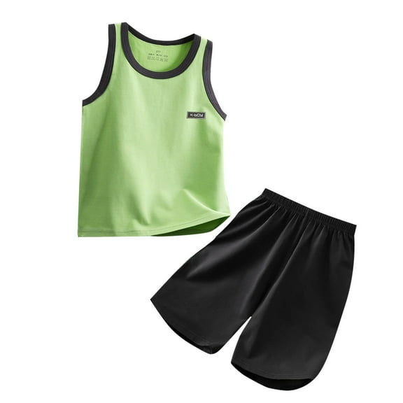 CYRBOKO Outfit Sets for Boys, Cotton Elastic Waist Athletic Sleeveless Tank Top set Green Size 14-16 T