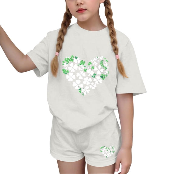 CYRBOKO Outfit Sets for Girls, 2-piece Elastic Waist Stretchy Short Sleeve Graphic T-shirts with Shorts White Size 10-12 T