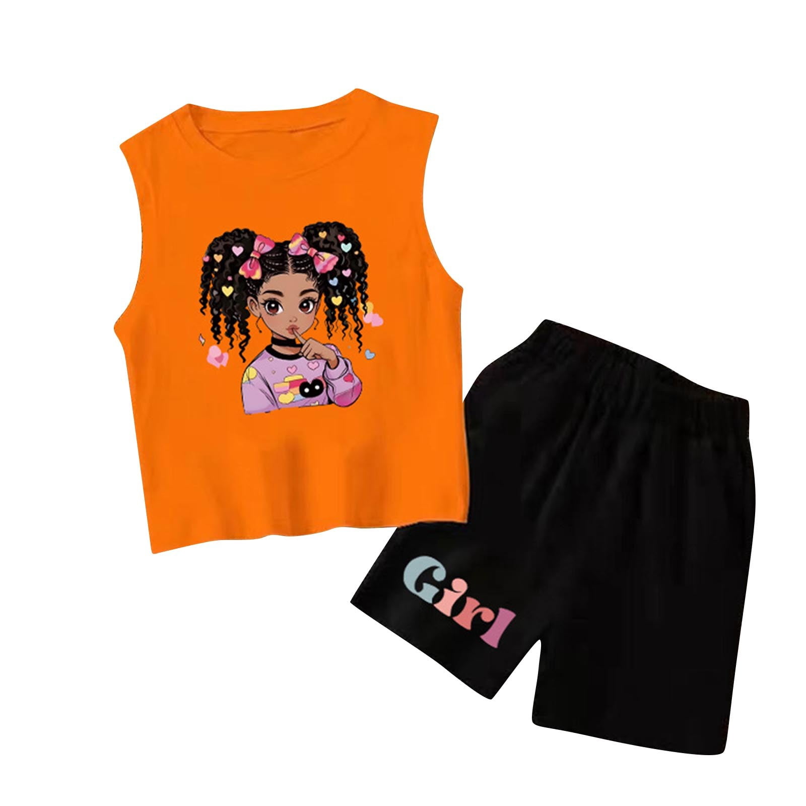 Outfit Sets for Girls, Elastic Waist Comfy Sleeveless Cotton Tank Top set Orange Size 10-12 T