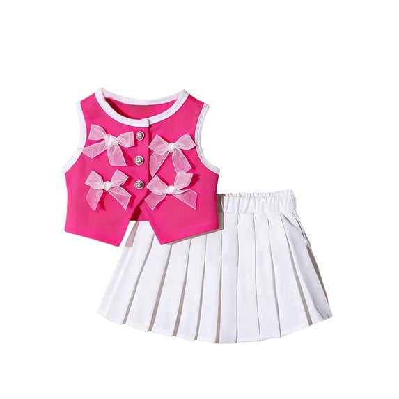CYRBOKO Outfit Sets for Girls, Party Elastic Waist Sleeveless Casual Pleated Skirt Sets Hot Pink Size 9-12 Months