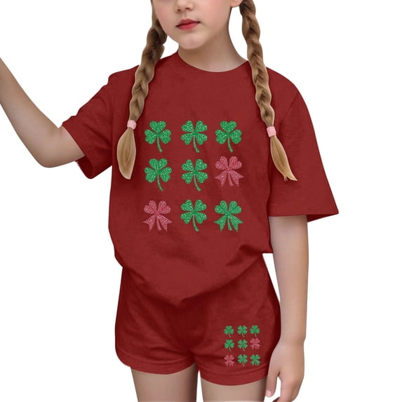 CYRBOKO Outfit Sets for Girls, Short Sleeve 2-piece Party Elastic Waist Graphic Tees with Shorts Red Size 4-5 T