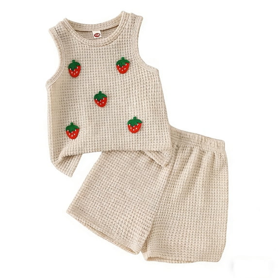 CYRBOKO Outfit Sets for Girls, Sleeveless Casual Elastic Waist Knitted Tops Shorts Two-piece Sets Beige Size 3-4 T