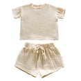 thumbnail image 1 of CYRBOKO Outfit Sets for Toddler Boys, Elastic Waist Cotton Drawstring Short Sleeve T-Shirt with Shorts Beige Size 1-2 T, 1 of 8