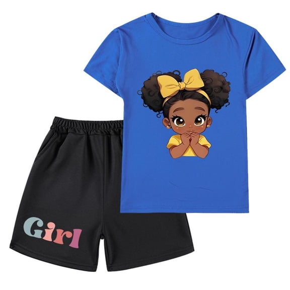 CYRBOKO Outfit Sets for Toddler Girls, Comfy Elastic Waist Short Sleeve Cotton Graphic Tee and Shorts Blue Size 2-3 T