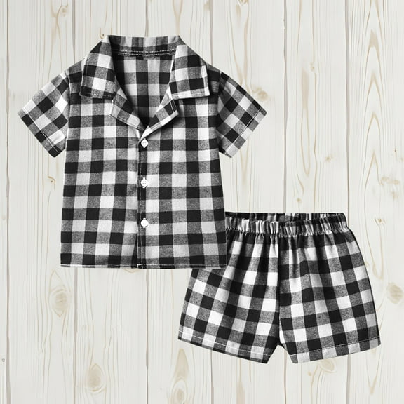 CYRBOKO Pajama Sets for Boys, 2-piece Cotton V-neck Short Sleeve Sleepwear Sets Black Size 7-8 T