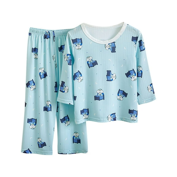 CYRBOKO Pajama Sets for Boys, Loose Cotton Long Sleeve 2 Pieces Summer Sleepwears Light Blue Size 15-16 T
