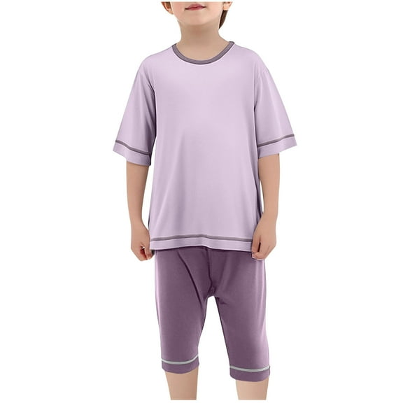 CYRBOKO Pajama Sets for Boys, Two-piece Summer Elastic Waist Casual Sleepwear Sets Purple Size 14-16 T