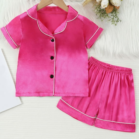 CYRBOKO Pajama Sets for Girls, Short Sleeve Elastic Waist Stretch Button Sleepwear Shirt and Shorts Hot Pink Size 7-8 T