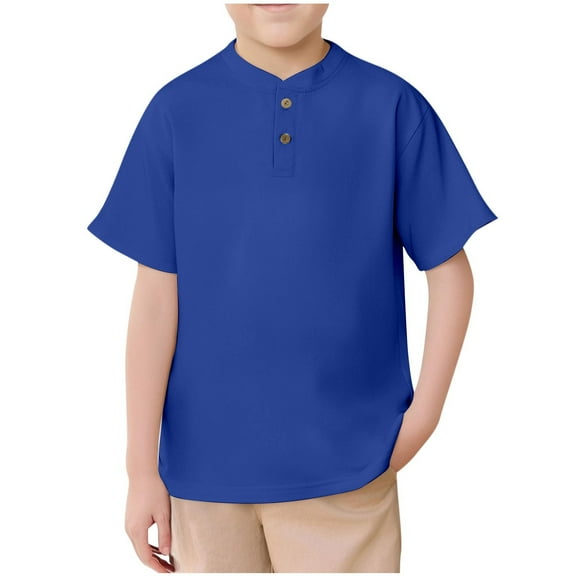 CYRBOKO Polos for Boys, Summer Casual Comfy Henley Short Sleeve Tops Blue Size 9-10 T