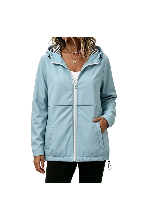 Rain Jackets for Women, Waterproof Drawstring Lightweight Full Zip Hooded Outerwear with Pockets Light Blue Size M