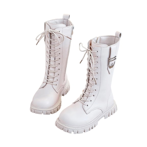 CYRBOKO Riding Boots for Girls, Side-zip Princess Leather Lace Up Knee High Boots Beige Size 2.5 (Big Kids)