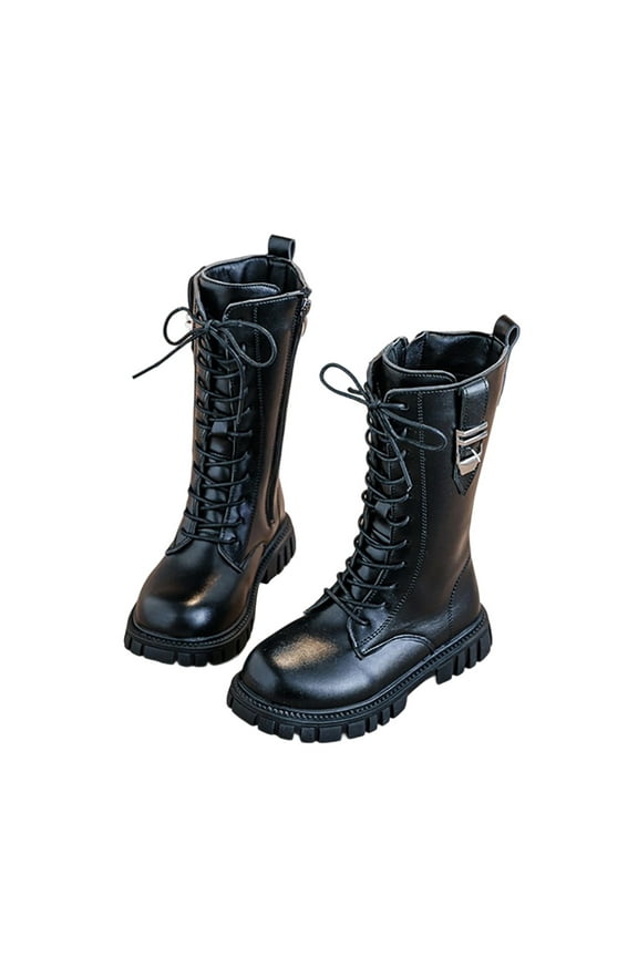 Riding Boots for Girls, Side Zipper Leather Lace Up Princess Knee High Boots Black Size 11.5 (Little Kids)