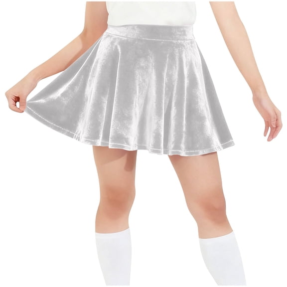 CYRBOKO Short Skirts for Girls, Elastic Waist Holiday Party Velvet Pleated Skirts Silver Size 5-6 T