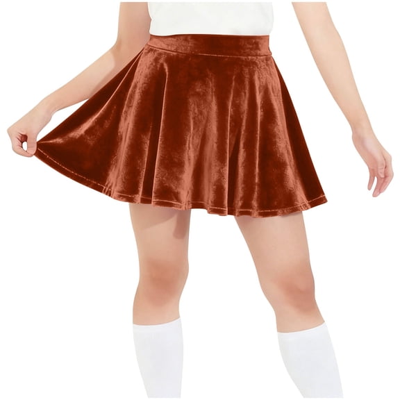 CYRBOKO Short Skirts for Girls, Holiday Party Elastic Waist Velvet Pleated Skirts Coffee Size 14-15 T