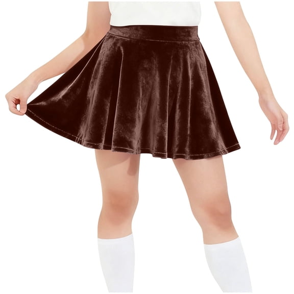 CYRBOKO Short Skirts for Girls, Velvet Party Holiday Elastic Waist Pleated Skirts Brown Size 5-6 T