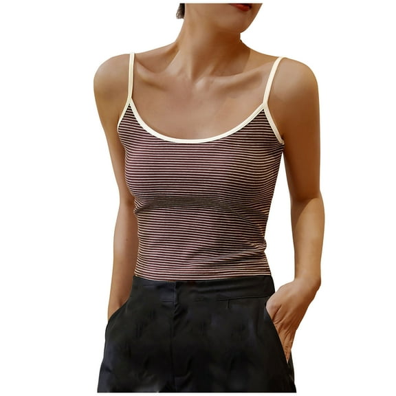 CYRBOKO Sleeveless Tank Tops for Women, Cotton Casual Crew Neck Striped Spaghetti strap top Coffee Size S