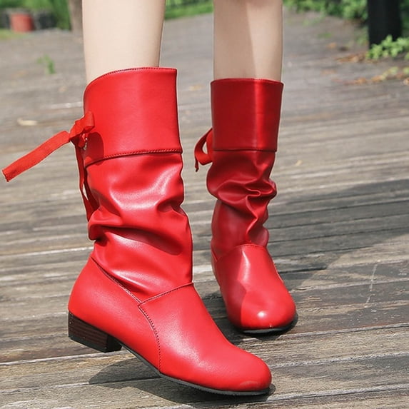 CYRBOKO Slouch Boots for Women, Knee High Side-zip Casual Low Heel Women's Shoes Red Size 6.5