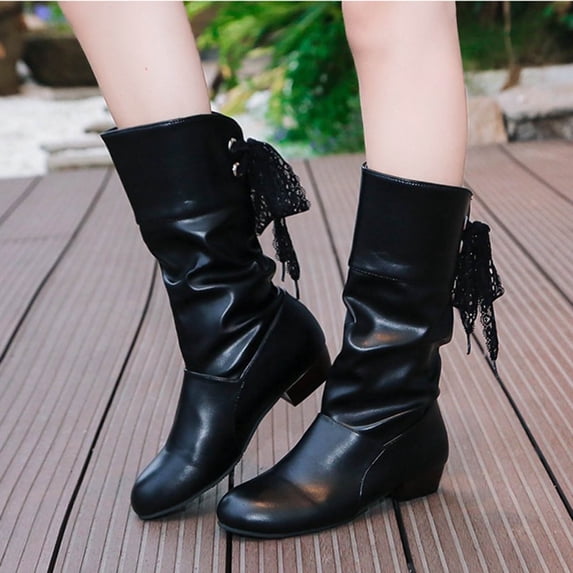 CYRBOKO Slouch Boots for Women, Low Heel Side-zip Knee High Casual Women's Shoes Black Size 6