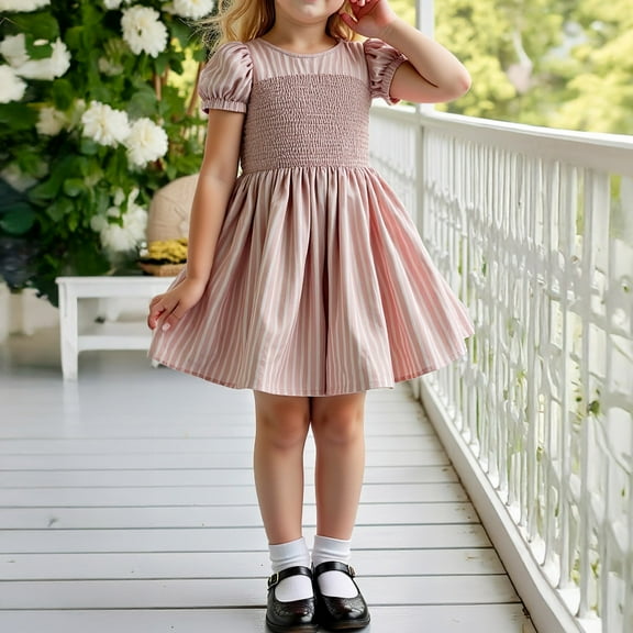 CYRBOKO Summer Dresses for Girls, Danceware Party Short Sleeves Striped Casual Dresses 2025 Pink Size 8 T