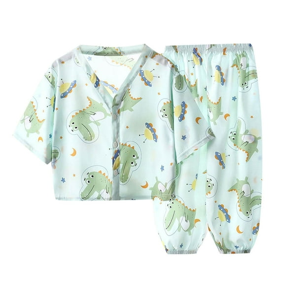 CYRBOKO Summer Pajama Sets for Toddler Boys, 2-piece Loose V-neck Cotton Loungewear Sets Green Size 1-2 T