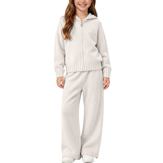 CYRBOKO Sweaters Outfit Sets for Girls, Comfy Zipper Long Sleeve Fall Winter Hooded Tops and Flared Pants White Size 1-8 T