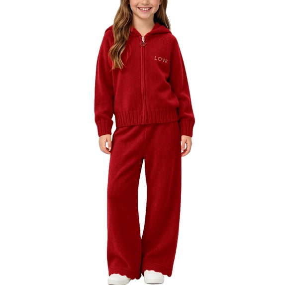 CYRBOKO Sweaters Outfit Sets for Girls, Zipper Comfy Fall Winter Long Sleeve Hooded Tops and Flared Pants Red Size 1-2 T