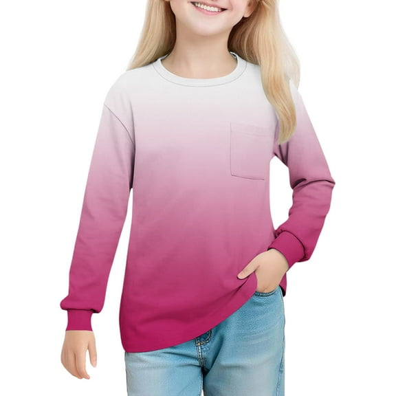 CYRBOKO Sweatshirts for Girls, Gradient Crew neck Comfortable Long Sleeve Pullover Shirts Pink Size 7-8 T