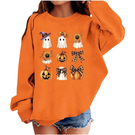 CYRBOKO Sweatshirts for Girls, Halloween Long Sleeve Crew Neck Comfy Girls Tops Girls Clothes Orange Size 2-3 T