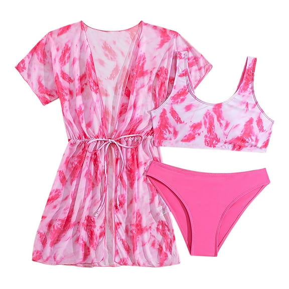 CYRBOKO Swim Suits for Girls, Summer 3 Pieces Sleeveless Beach Bathing Suits Pink Size 9-10 T