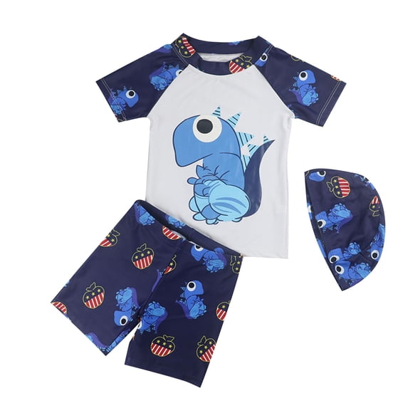 CYRBOKO Swimsuits for Boys, Short Sleeve Vacation Quick-drying Summer Swim Top and Trunks with Cap Light Blue Size 12-13 T