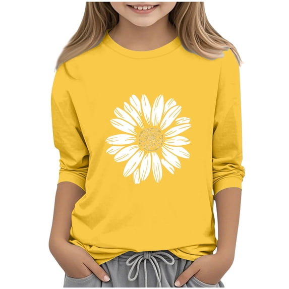 CYRBOKO T-shirts for Girls, 3/4 Sleeve Crewneck Floral Print Casual Pullover Tops Yellow Size 7-8 T