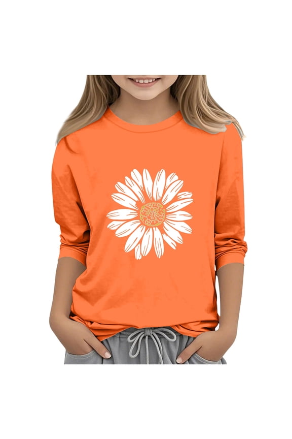 T-shirts for Girls, Crewneck 3/4 Sleeve Casual Floral Print Pullover Tops Orange Size 6 T