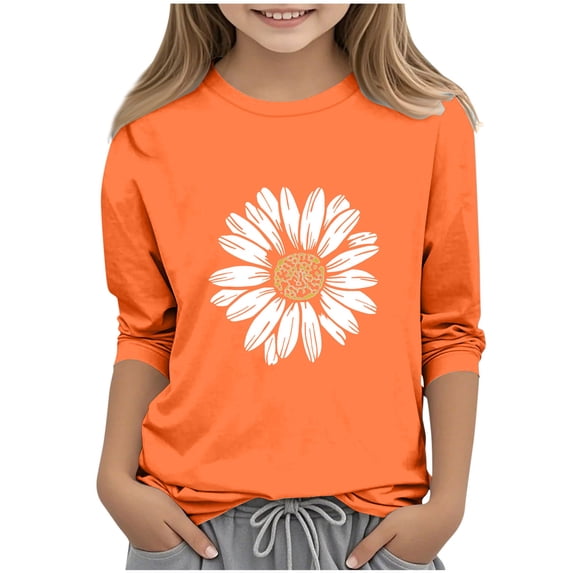 CYRBOKO T-shirts for Girls, Crewneck 3/4 Sleeve Casual Floral Print Pullover Tops Orange Size 6 T