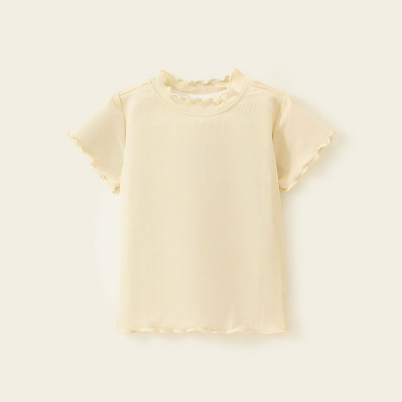 CYRBOKO T-shirts for Girls, Crewneck Solid Color Summer Short Sleeve Tops Beige Size 8-9T