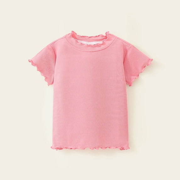 CYRBOKO T-shirts for Girls, Crewneck Summer Solid Color Short Sleeve Tops Pink Size 6T