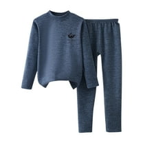 CYRBOKO Thermal Sets for Boys, Crew Neck Long Sleeve Elastic Waist Stretchy Loungewear Sets Dark Blue Size 7-8 T
