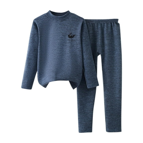 CYRBOKO Thermal Sets for Boys, Crew Neck Long Sleeve Elastic Waist Stretchy Loungewear Sets Dark Blue Size 7-8 T