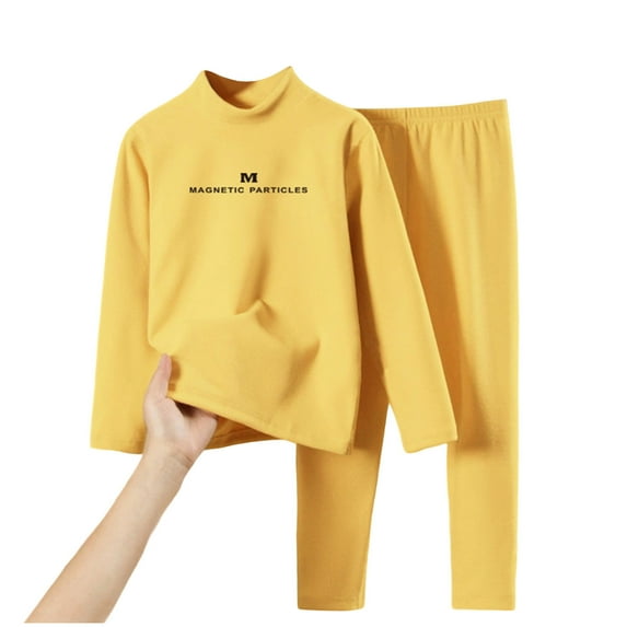 CYRBOKO Thermal Sets for Girls, Base Layer Cotton Elastic Waist Long Sleeve Winter Underwear Yellow Size 11-12 T