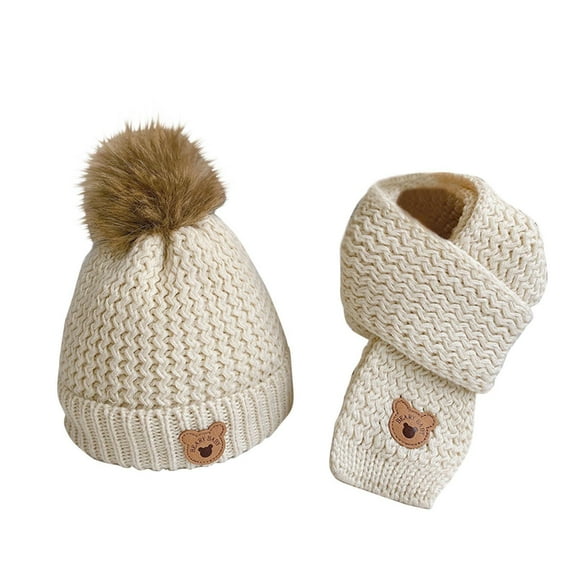 CYRBOKO Toddler Boys Beanies & Scarves, Fleece 2 Pieces Winter Thermal Hats with Pompom Beige Size 1-12 T
